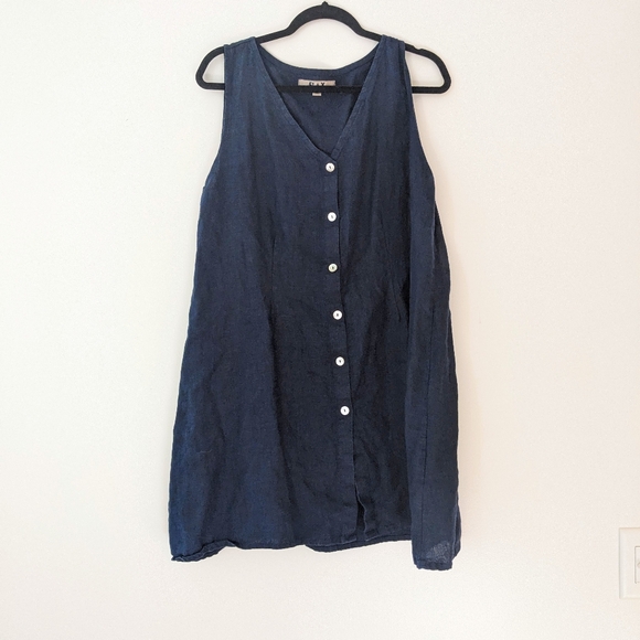 Flax Navy Linen sleeveless babydoll v neck dress with mother of pearl buttons - Picture 1 of 4